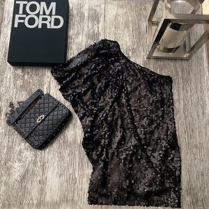 Aqua Black One Shoulder Sequins Dress Size 2